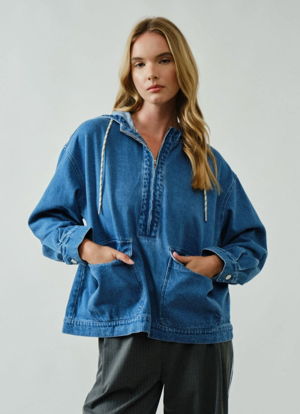 Oversized Comfy Denim Hooded Pullover|6839