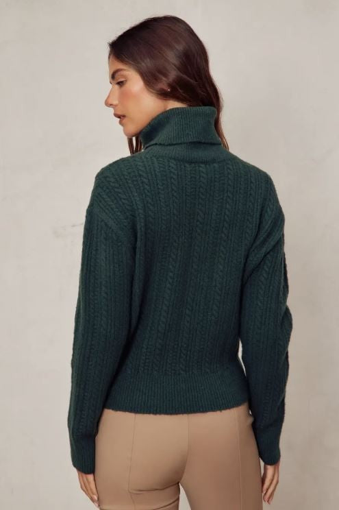 Green Fluffy Cable Detail Turtle Neck Sweater|6850