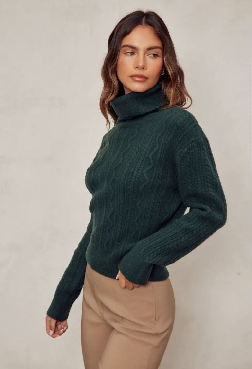 Green Fluffy Cable Detail Turtle Neck Sweater|6851