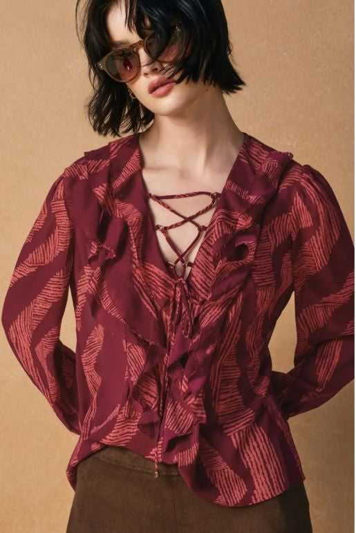 Red Down For the Ride Frilly Chiffon Blouse|6852