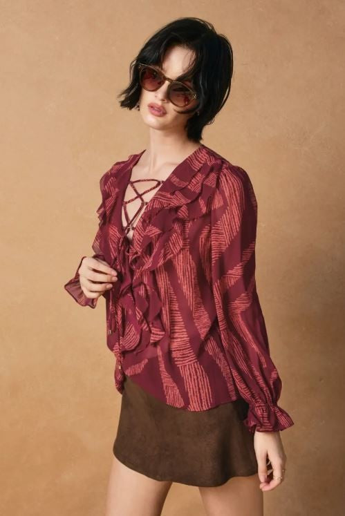 Red Down For the Ride Frilly Chiffon Blouse|6853