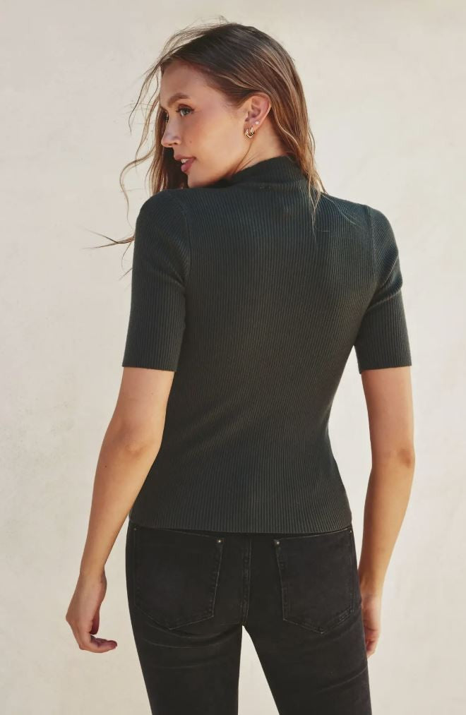 Black Mock Neck Short Sleeve Sweater|6855