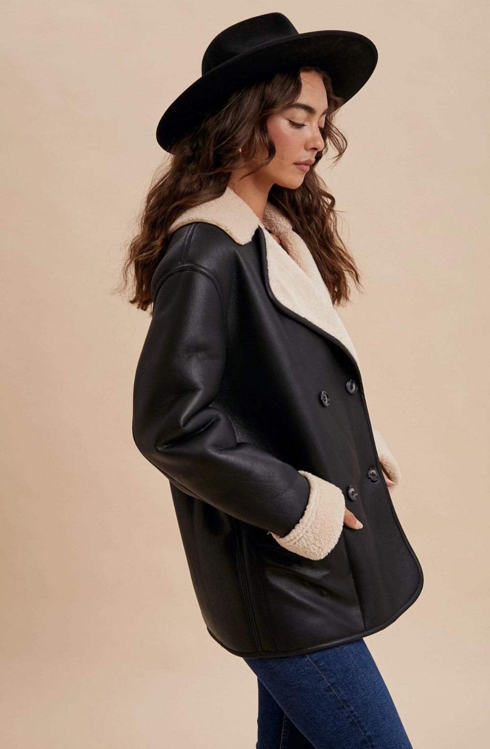 Black Vegan Faux Leather Shearling Coat|6880