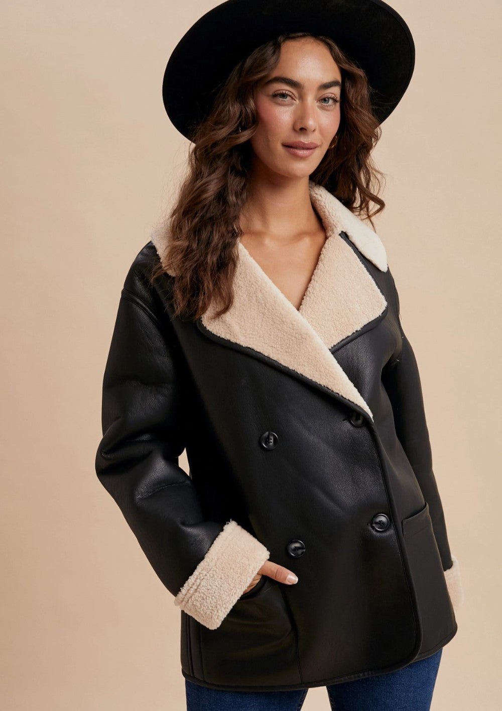 Black Vegan Faux Leather Shearling Coat|6881