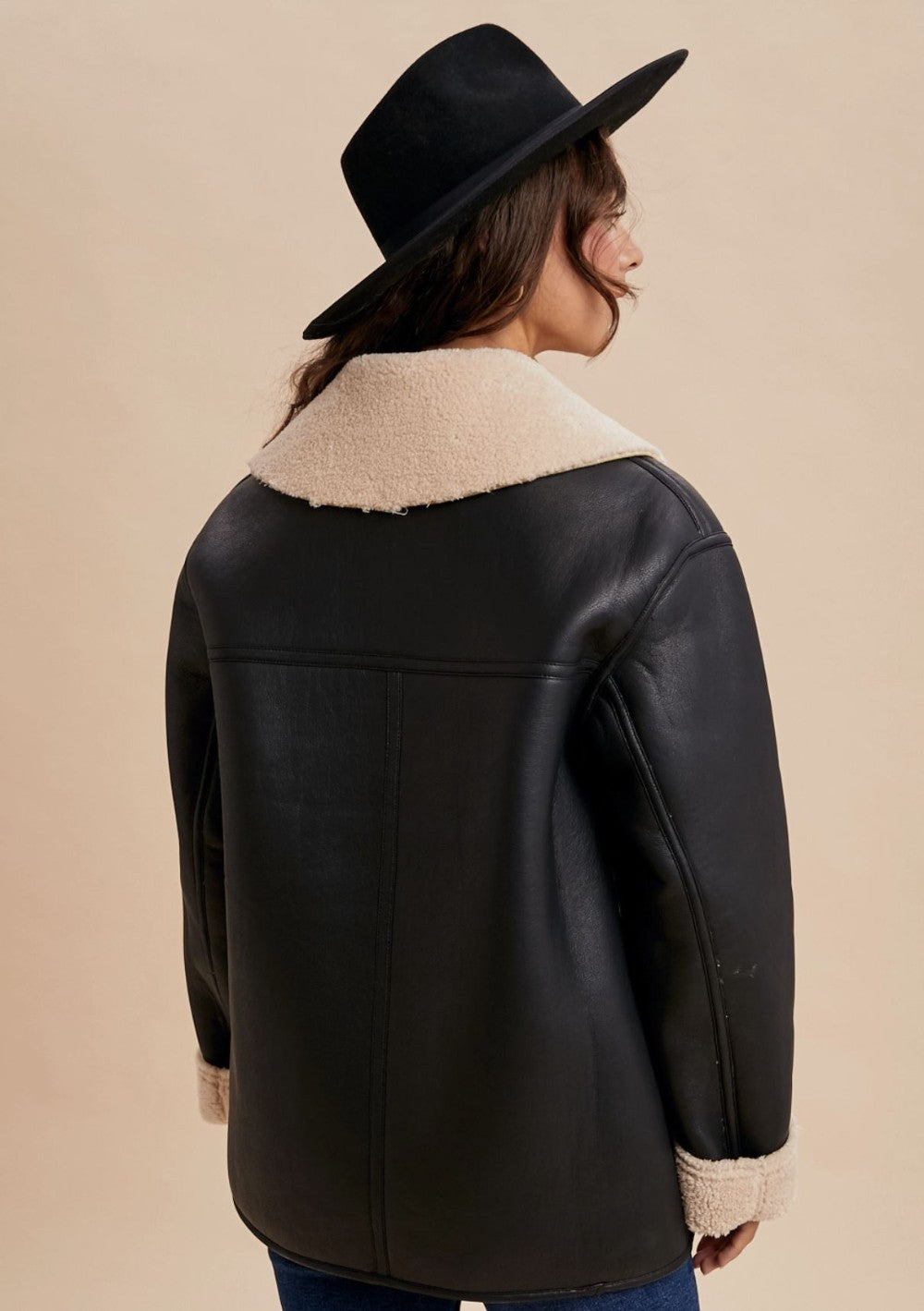 Black Vegan Faux Leather Shearling Coat|6882