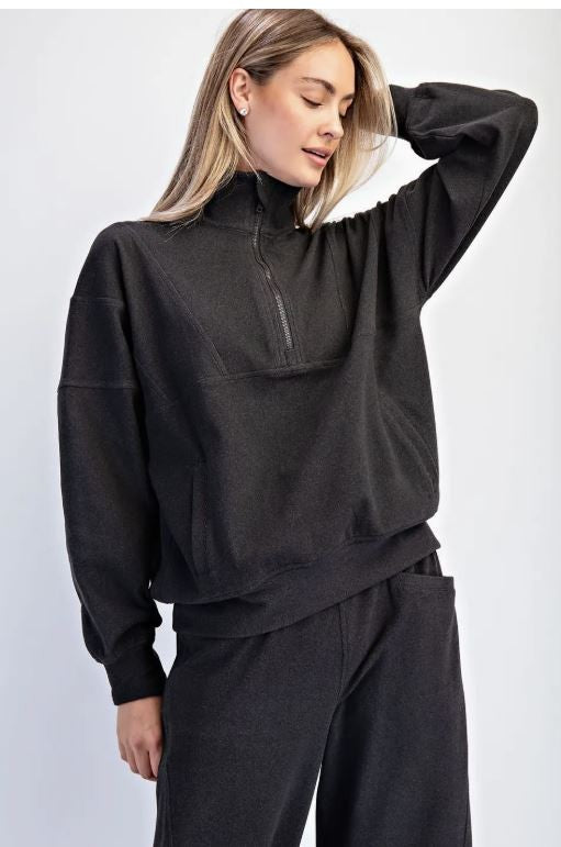 Brushed Rib Quarter Zip Pullover - Black|7012