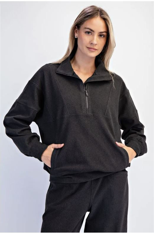 Brushed Rib Quarter Zip Pullover - Black|7013