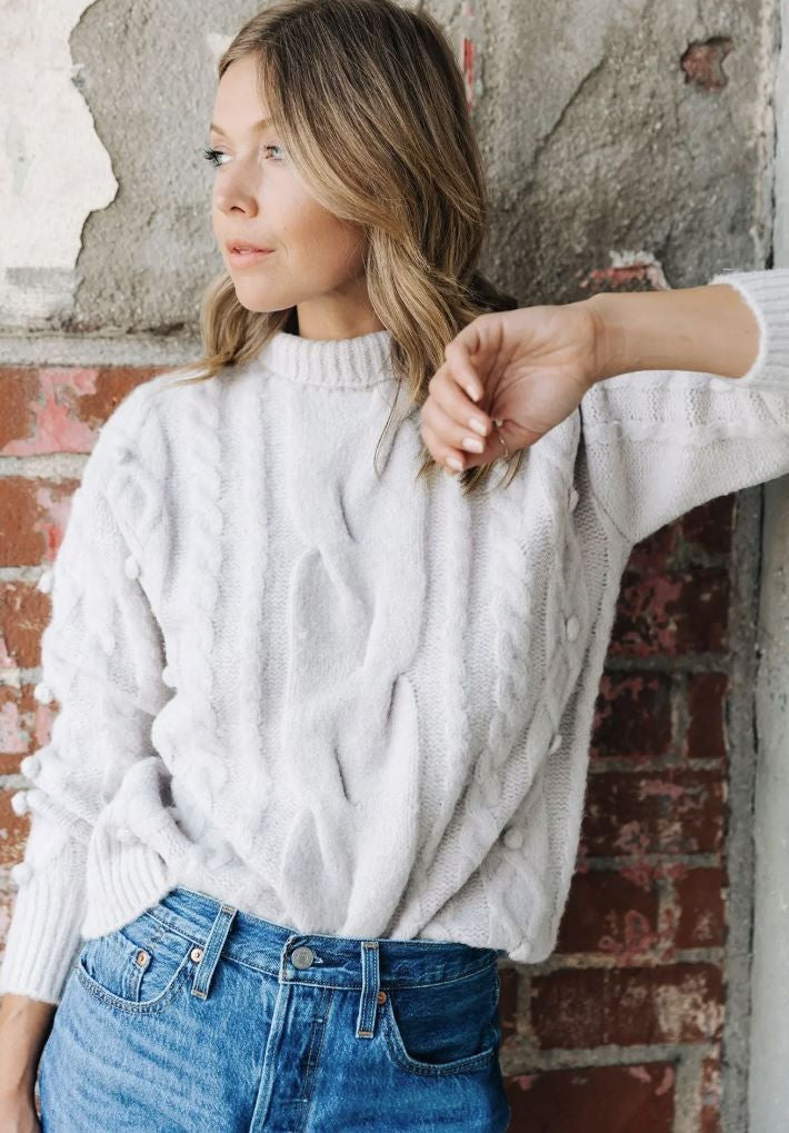 Lt Taupe Cable Knit Mock Neck Sweater|7019