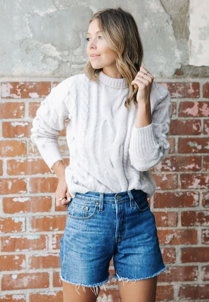 Lt Taupe Cable Knit Mock Neck Sweater|7020