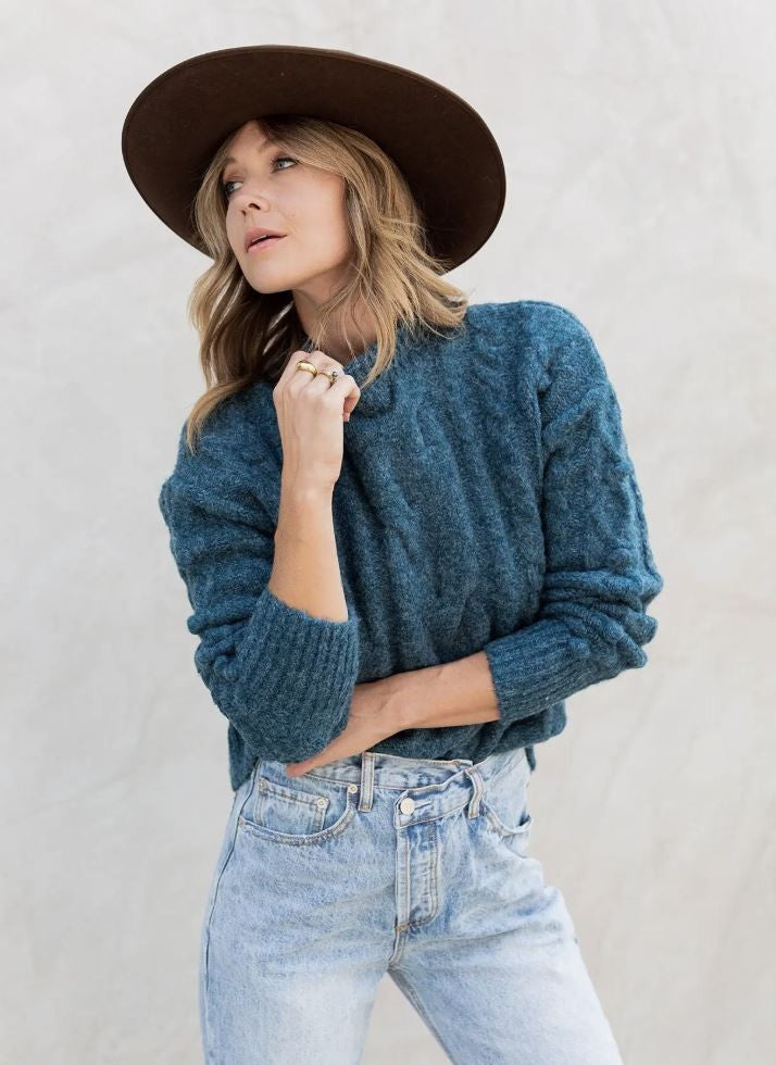 Teal Cable Knit Mock Neck Sweater|7021