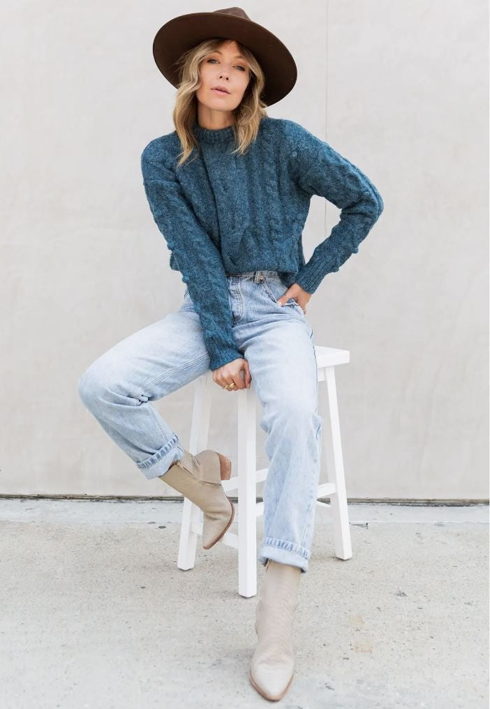 Teal Cable Knit Mock Neck Sweater|7022