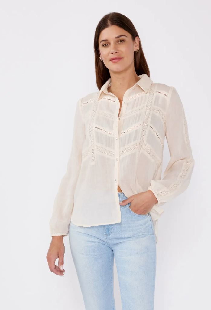 Peach Crinkled Lace Long Sleeve Button Blouse|7027
