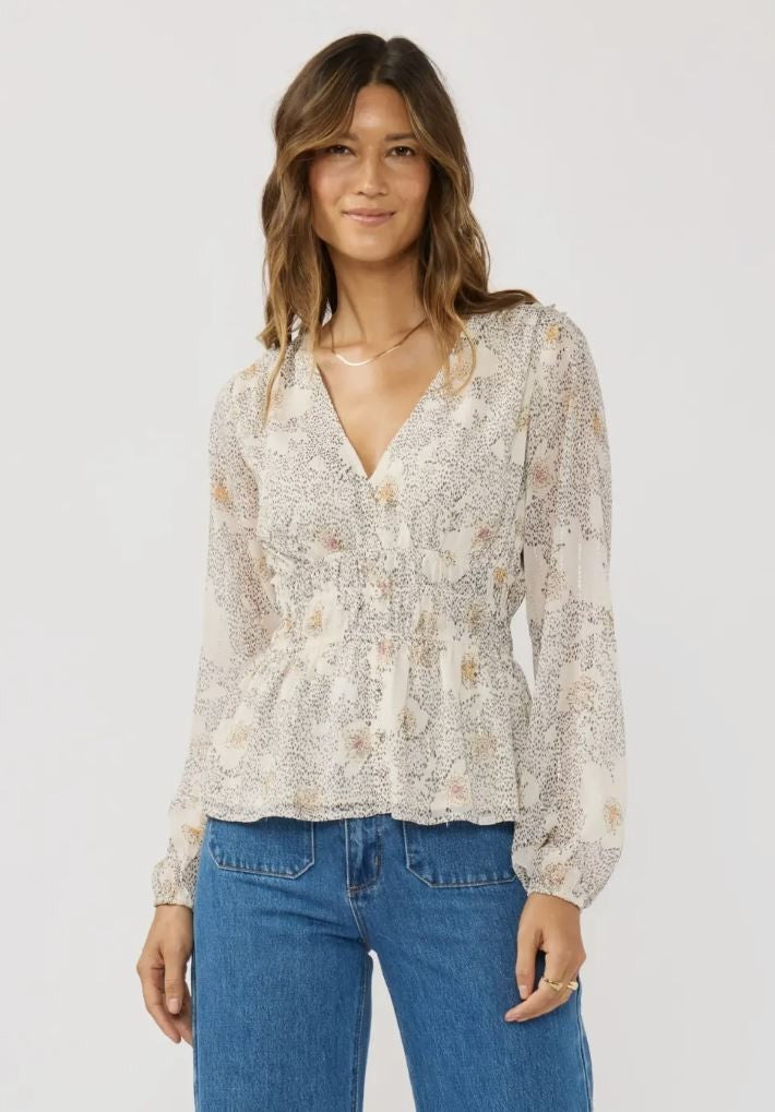 Natural Peach Floral Elastic Waist Blouse|7029