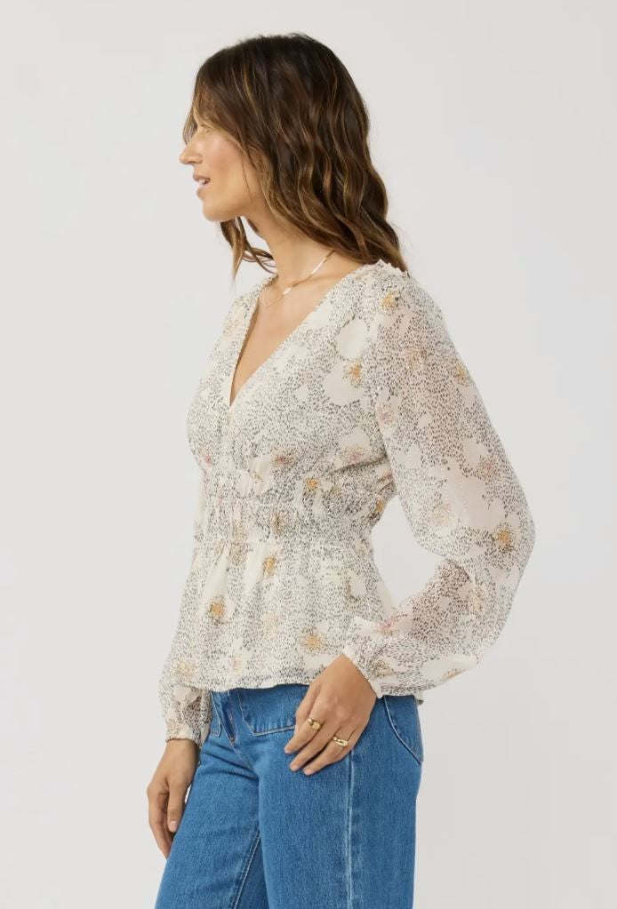 Natural Peach Floral Elastic Waist Blouse|7030