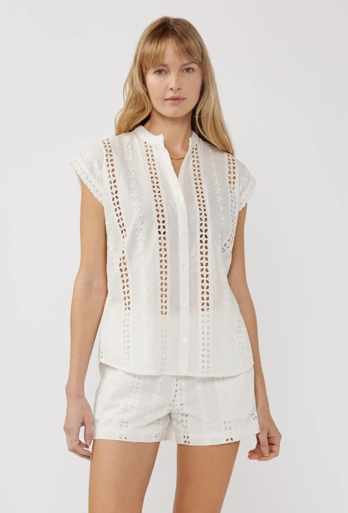 White Floral Eyelet Mandarin Collar Camp Shirt|7031