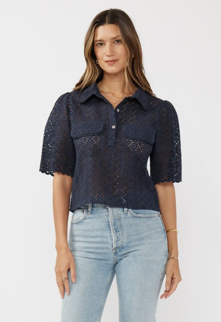 Navy Lace Collar Floral Eyelet Cropped Top|7033