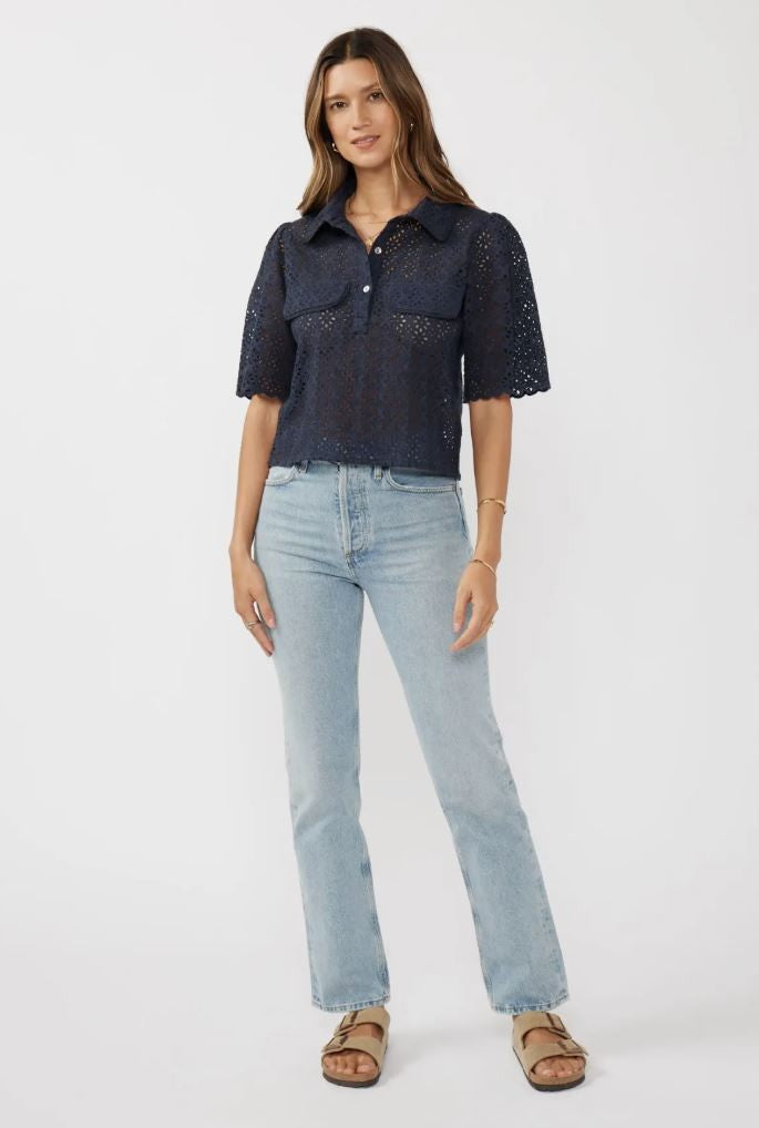 Navy Lace Collar Floral Eyelet Cropped Top|7034