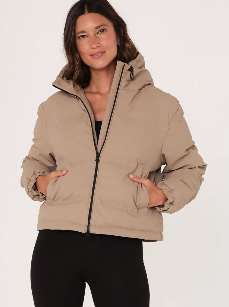 Taupe Long Sleeve Zip-Up Hooded Puffer|7035