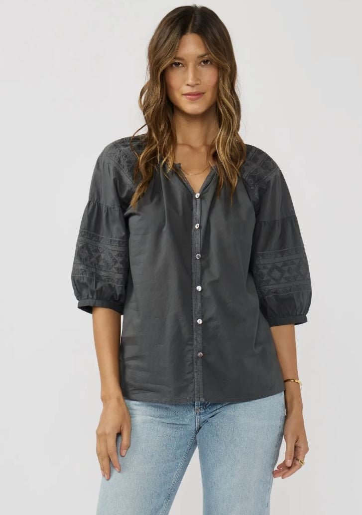 Grey Short Raglan Puff Sleeve Button Down|7040