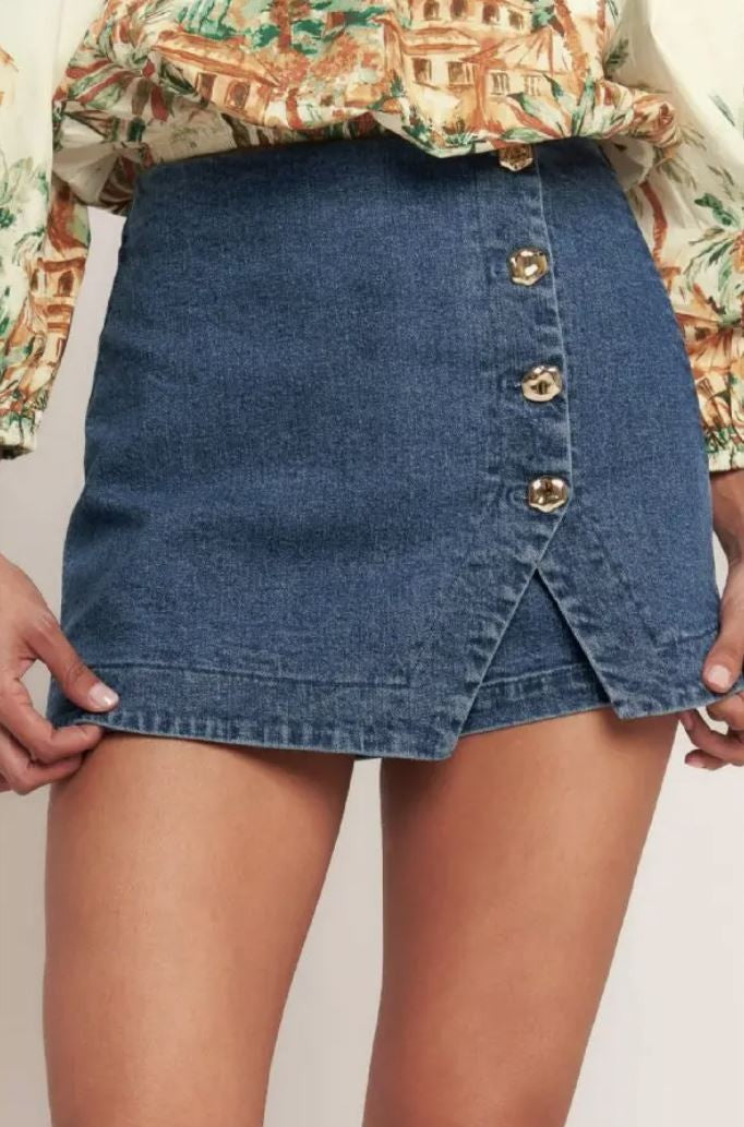 Denim Skirt With Gold Buttons|7107