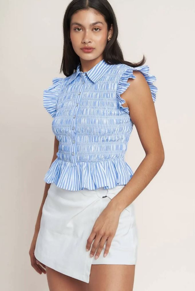Blue and White striped Top With Buttons|7111