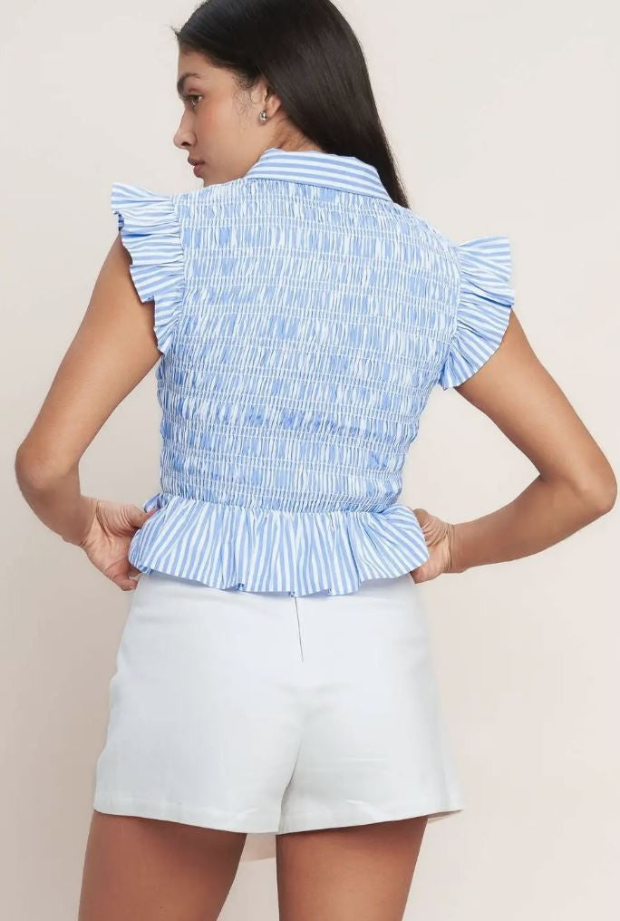 Blue and White striped Top With Buttons|7112