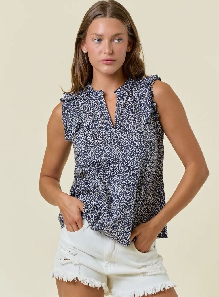 Blue/Wht Floral Print Poplin Ruffle Cap Sleeve|7125