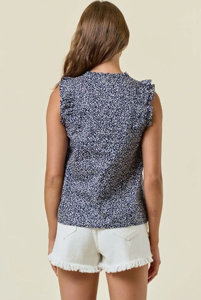 Blue/Wht Floral Print Poplin Ruffle Cap Sleeve|7126