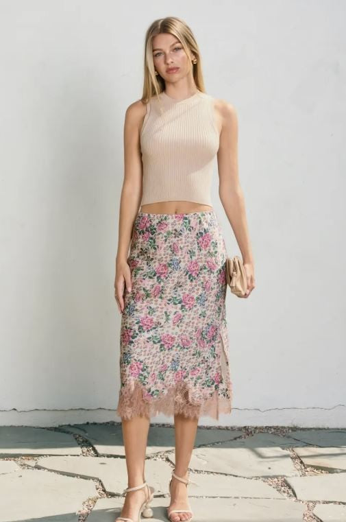 Floral Lace Hem Pencil Skirt|7131