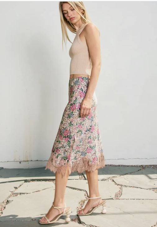 Floral Lace Hem Pencil Skirt|7132