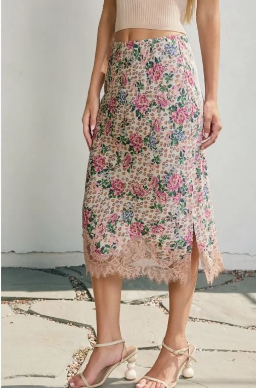 Floral Lace Hem Pencil Skirt|7133