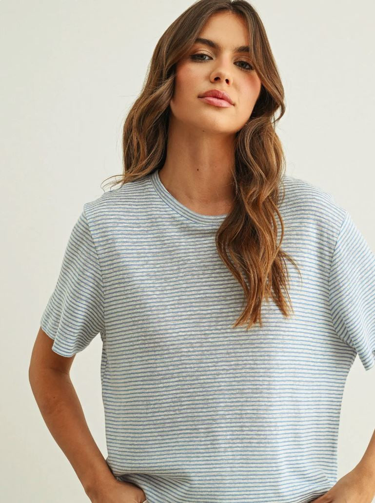 Blue Striped Short Sleeve Top|7155