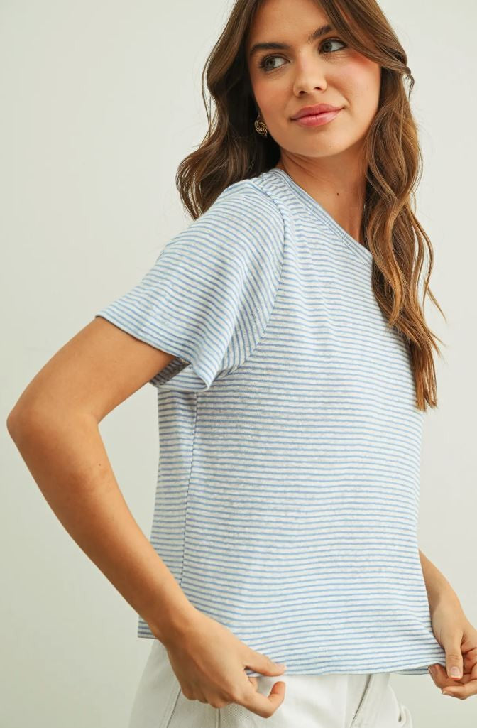 Blue Striped Short Sleeve Top|7156