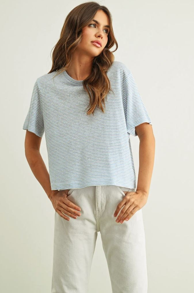 Blue Striped Short Sleeve Top|7157