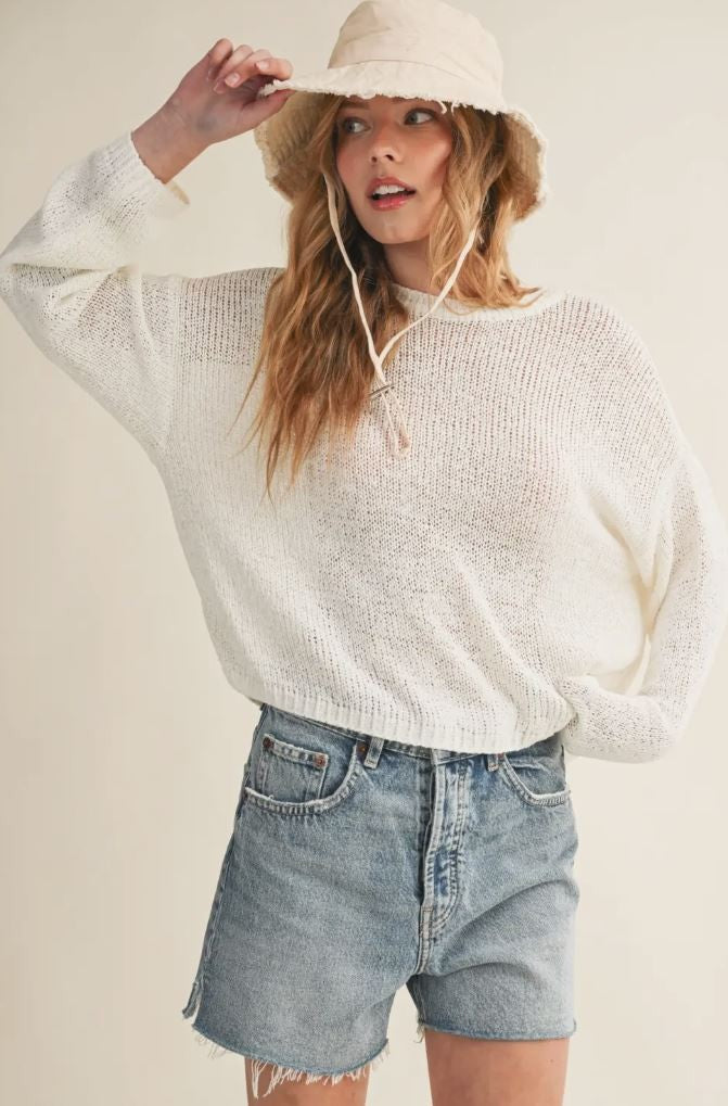 White Light Weight Long Sleeve Knit Top|7158