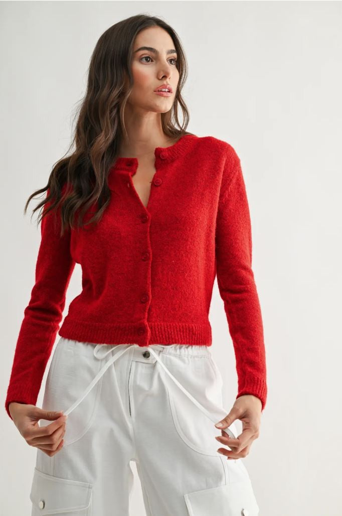 Red Knit Wool Cardigan|7195