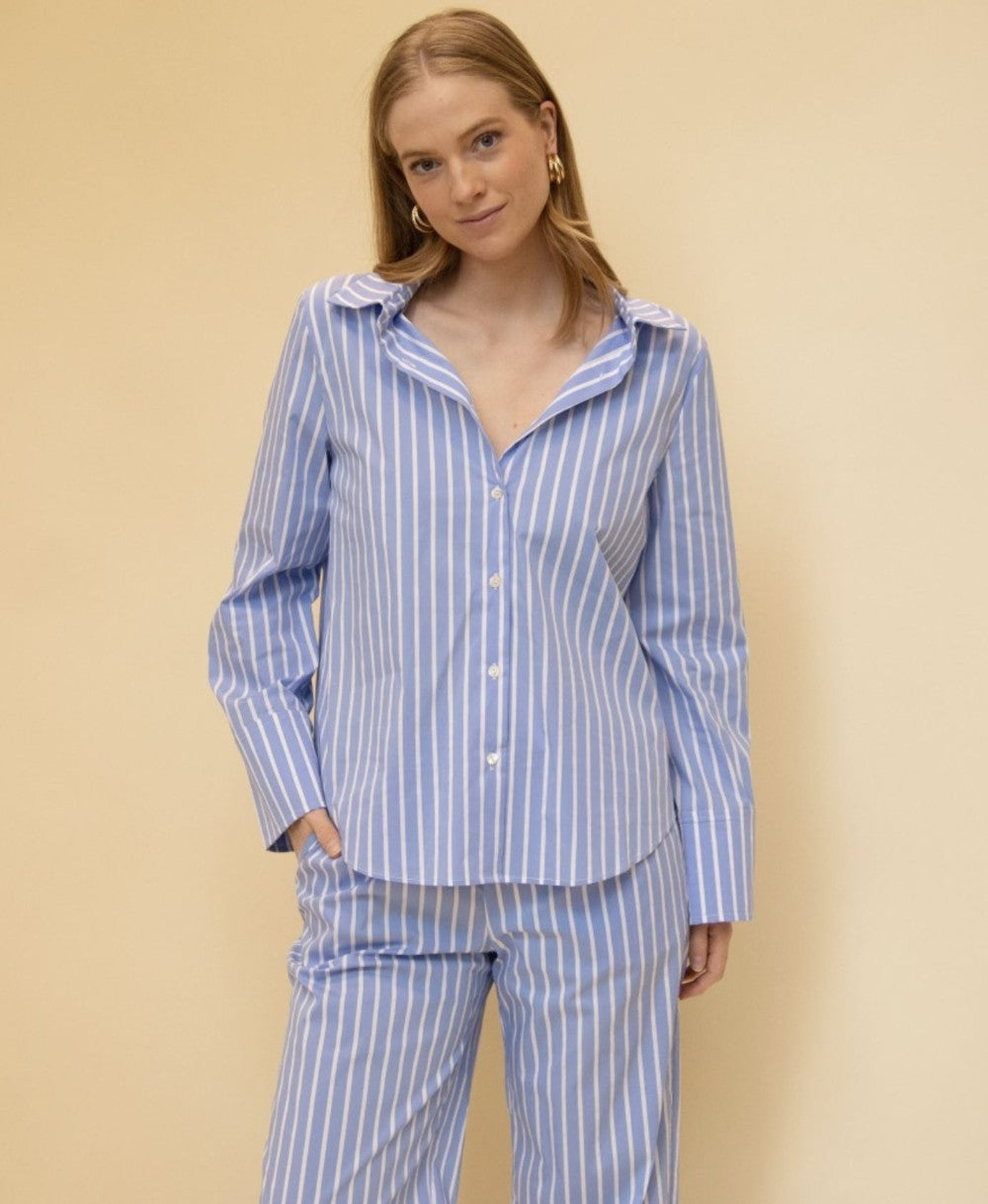 Blue Stripe Poplin Button Up Shirt|7218