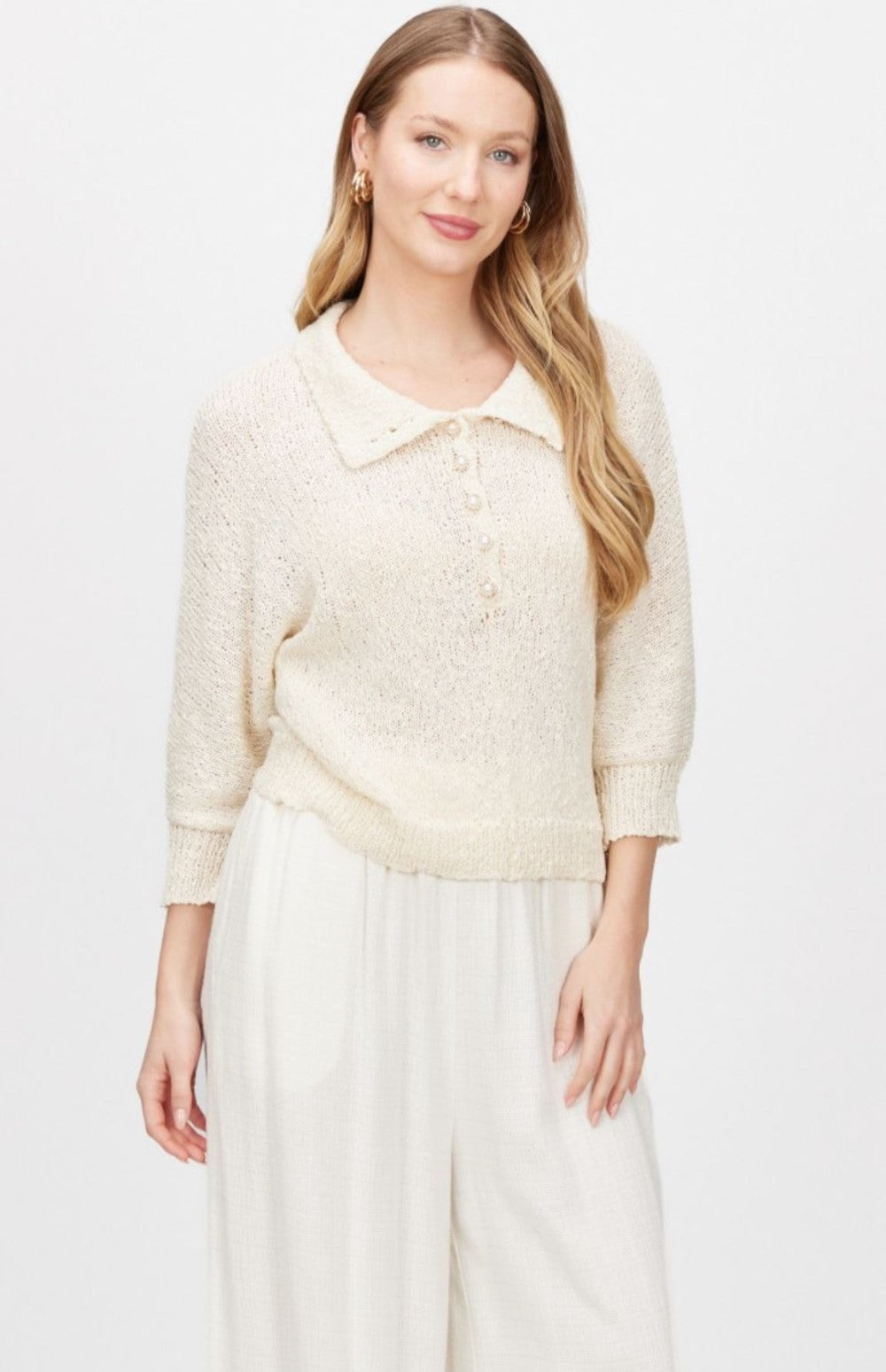 Knit 3/4 Sleeve Novelty Button Top|7219