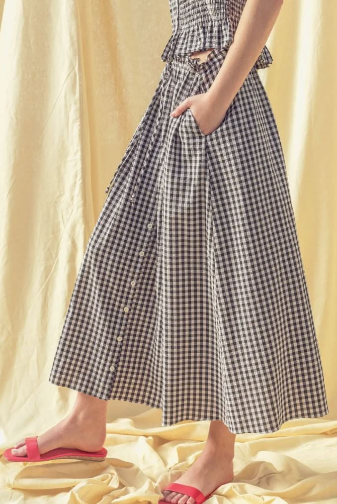 Front Button Black Gingham Skirt|7232