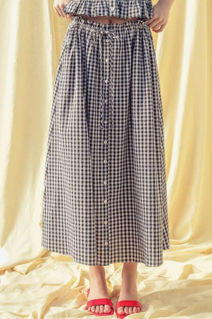 Front Button Black Gingham Skirt|7233