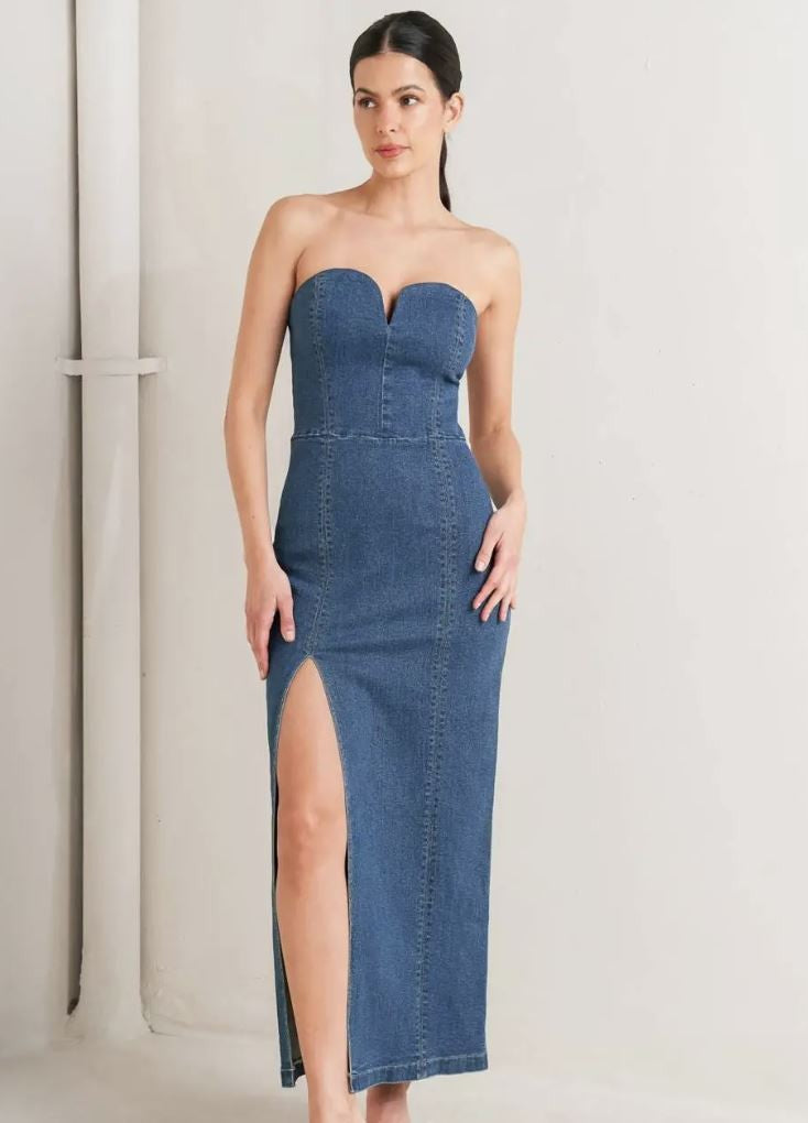 Washed Denim Midi Dress|7237