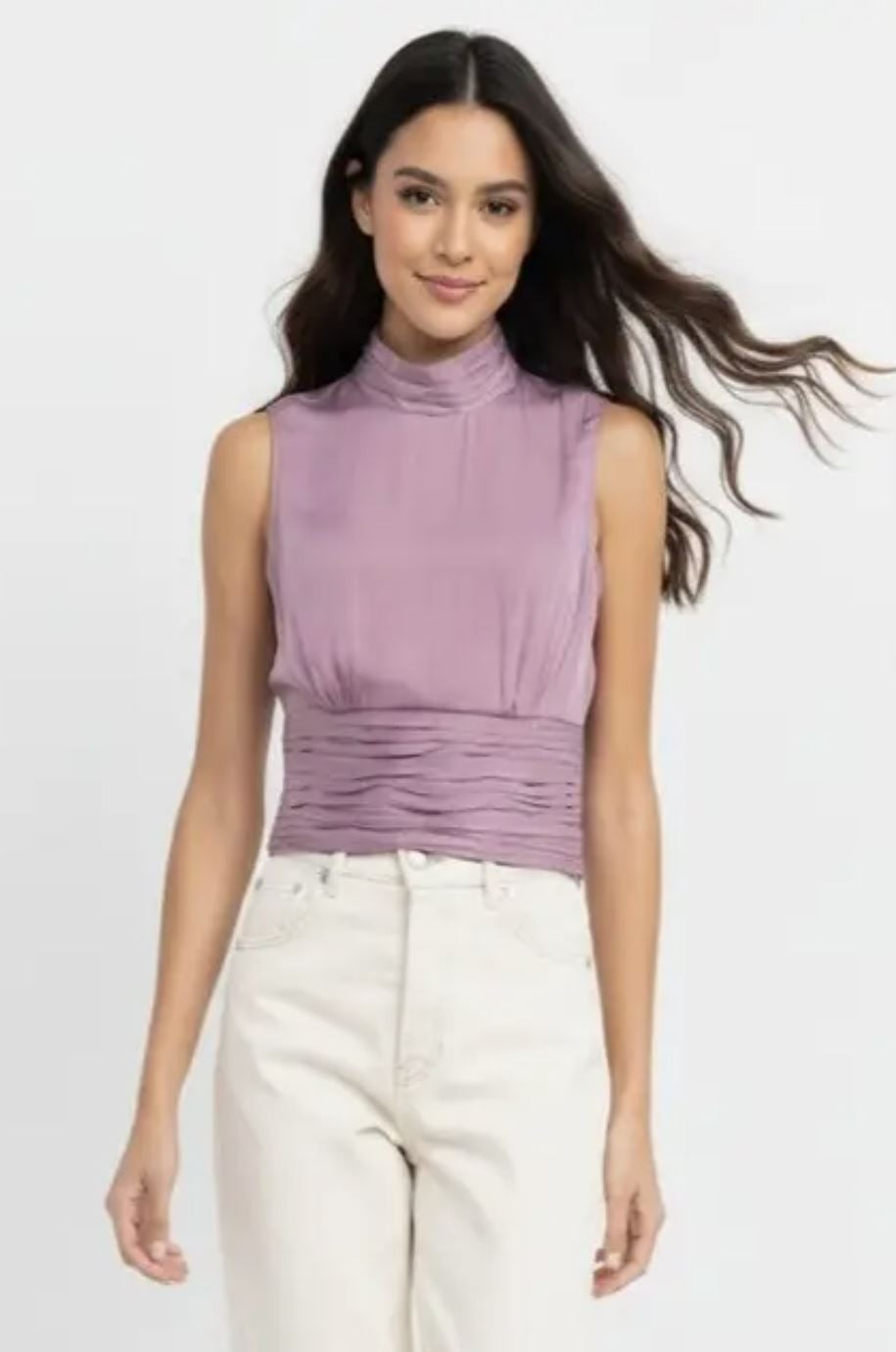 Iris Mock Neck Satin Shirred Top|7450