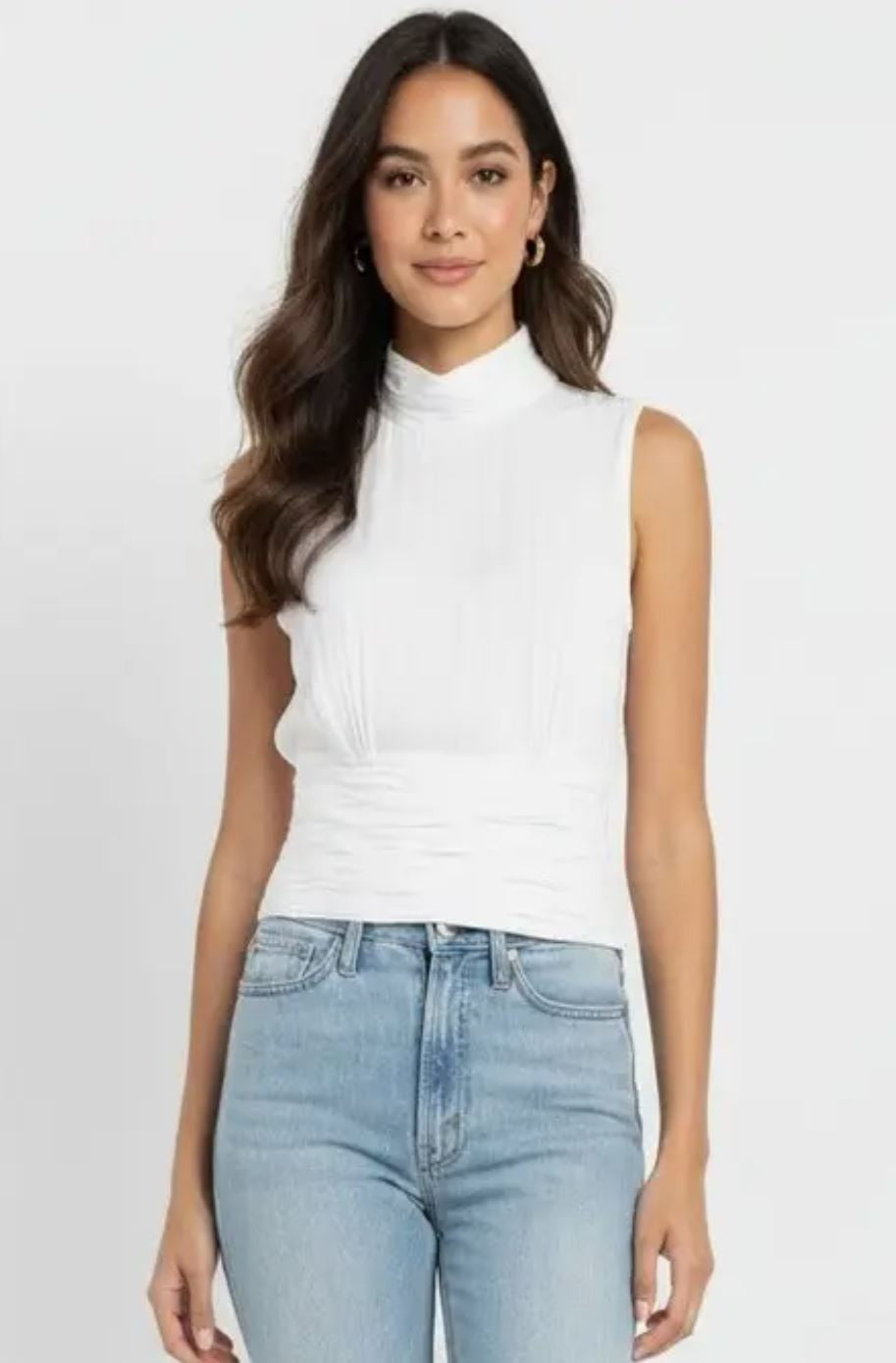 Off White Mock Neck Satin Shirred Top|7451