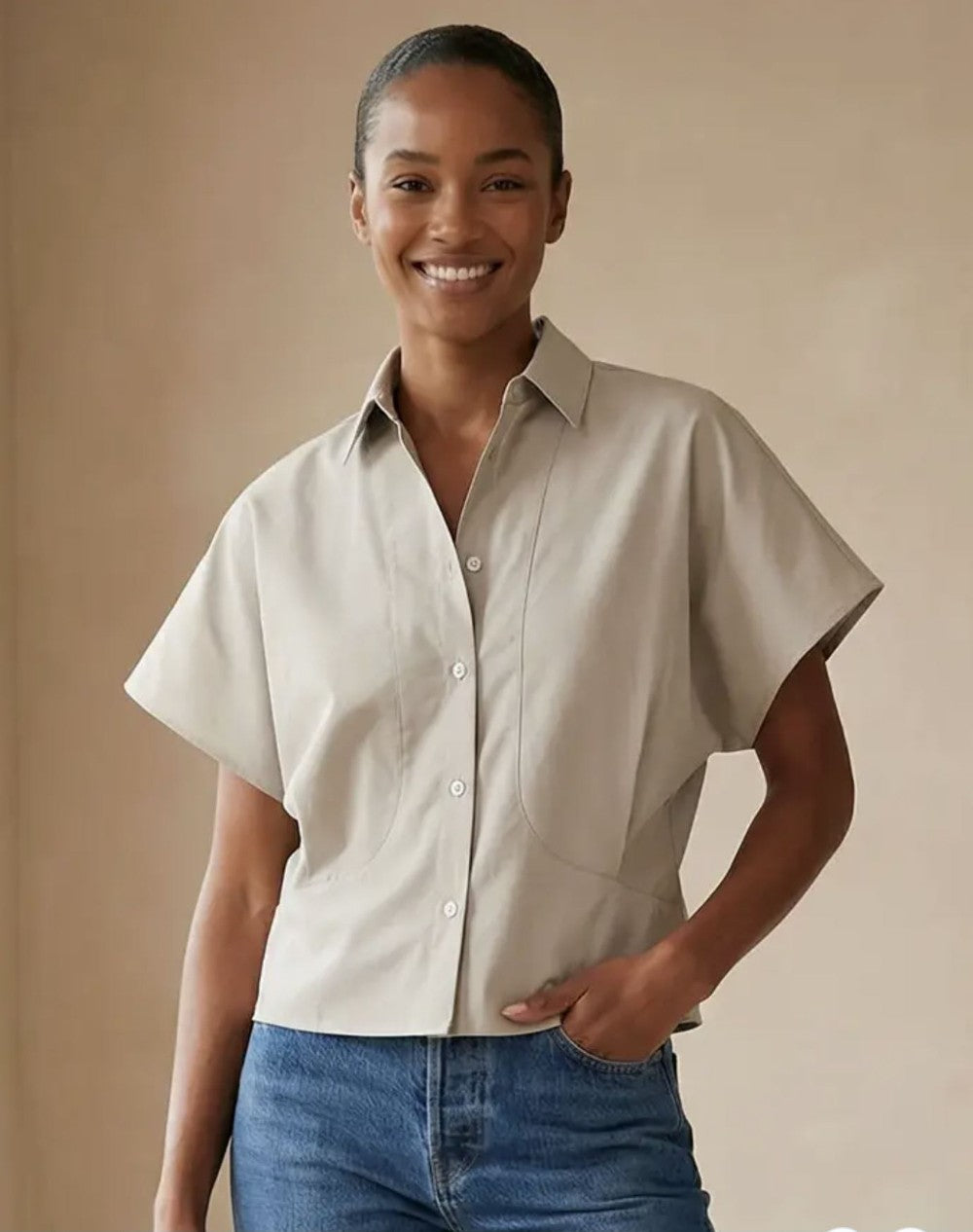 Tailored Taffeta Short Sleeve Blouse|7453