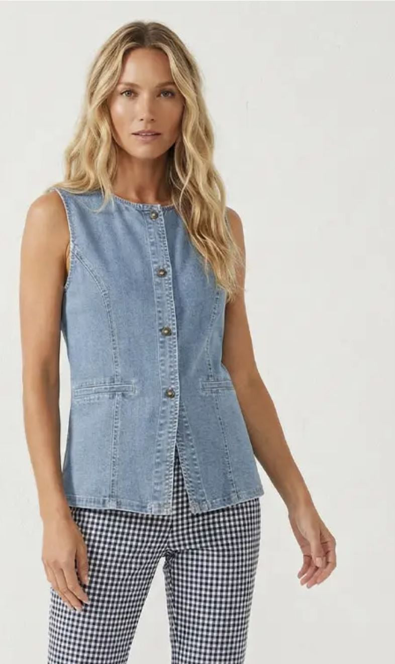 Light Sleeveless Longline Denim Vest|7454