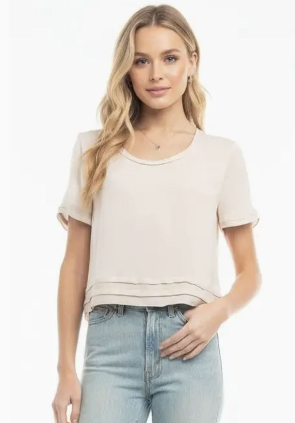 Short Sleeve Cropped Folded Trim T-Shirt|7455