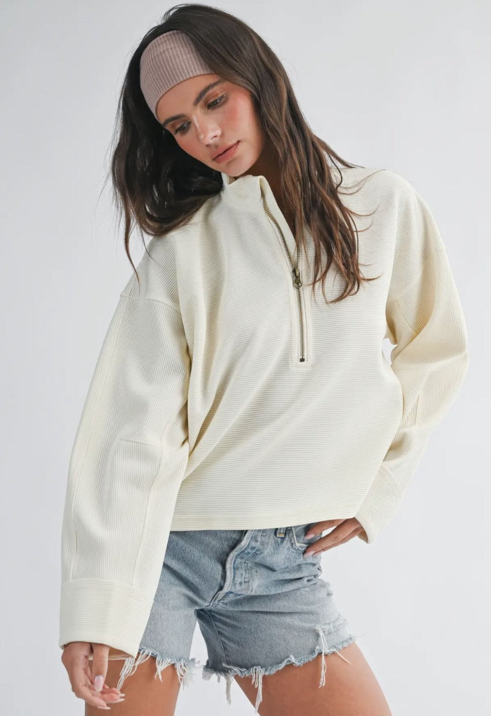 Ribbed Half Zip Cropped Pullover|7459