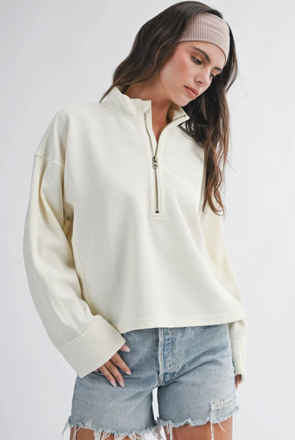 Ribbed Half Zip Cropped Pullover|7460