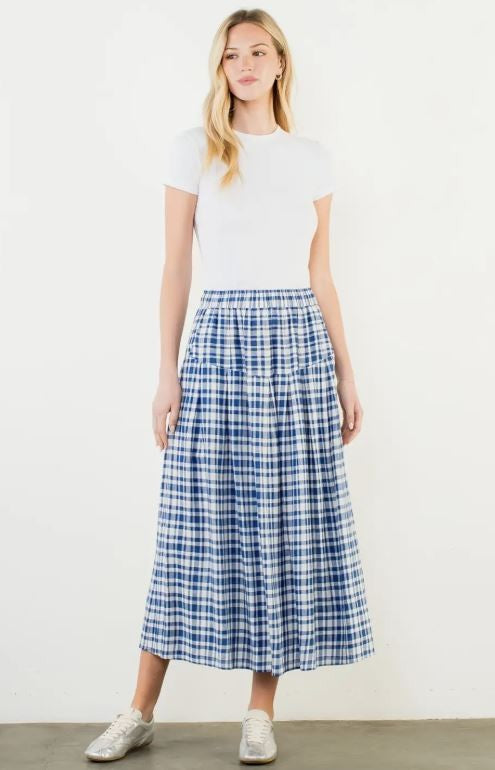 Blue Elastic Waist Gingham Skirt|7536