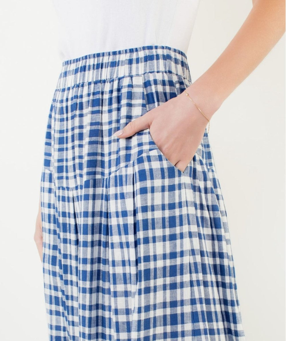 Blue Elastic Waist Gingham Skirt|7537